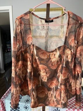 Sheer Cherub-Print Long Sleeve Blouse - Brown Peach